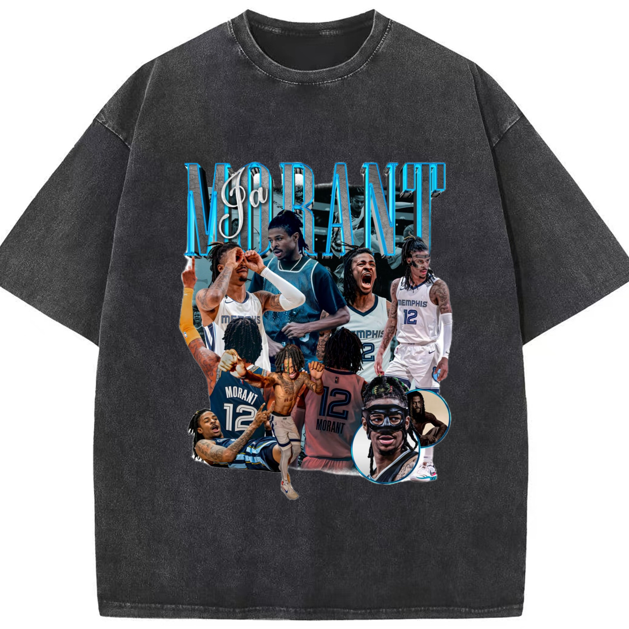 Memphis Grizzlies Ja Morant collage T-shirt​ - Washed Vintage Look 230g Cotton Oversized T-Shirt With Front Heat Transfer Print – Soft, Lightweight, Stylish Fit – Comfortable Casual Wear For Sports & Everyday Use