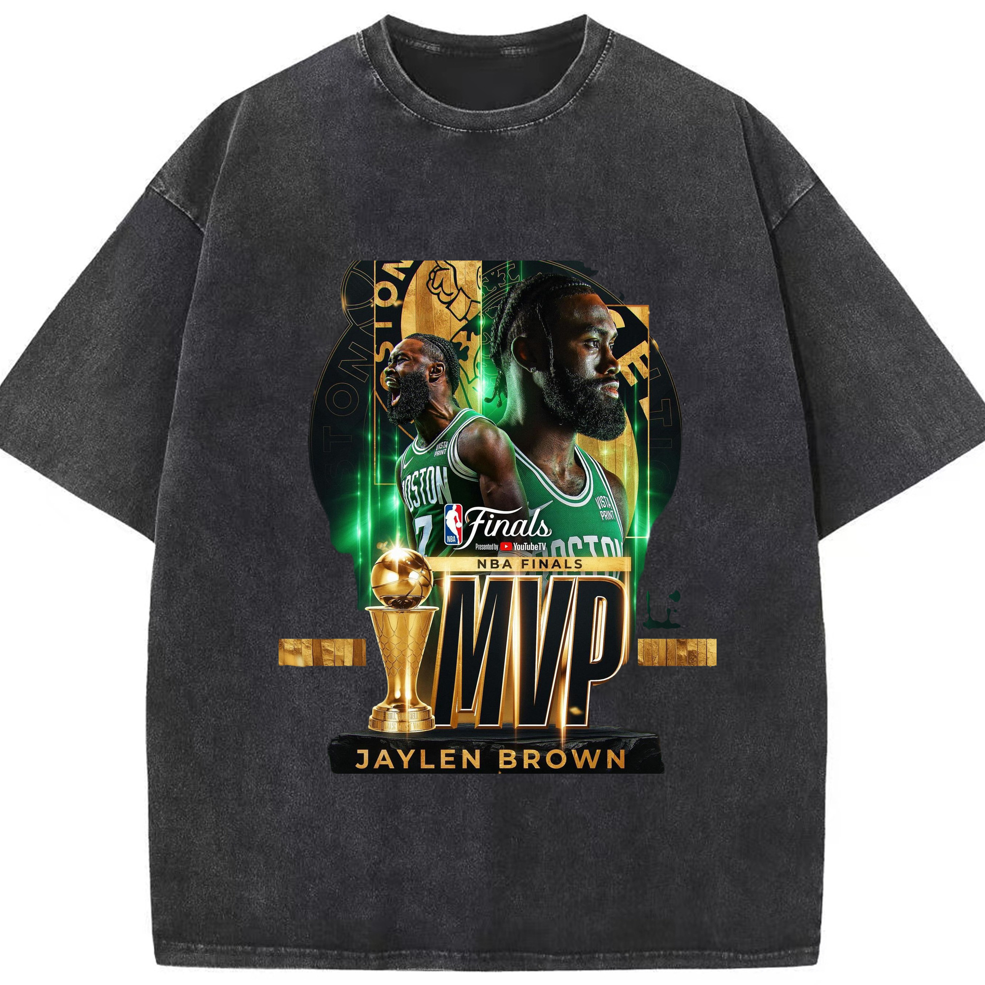 Celtics Jaylen Brown  NBA FMVP T-Shirt - Washed Vintage Look 230g Cotton Oversized T-Shirt With Front Heat Transfer Print – Soft, Lightweight, Stylish Fit – Comfortable Casual Wear For Sports & Everyday Use