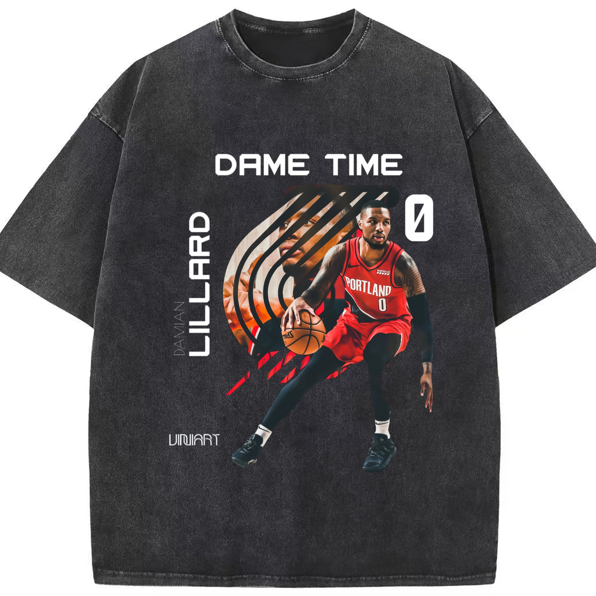 Blazers Damian Lillard #0 tee - Washed Vintage Look 230g Cotton Oversized T-Shirt With Front Heat Transfer Print – Soft, Lightweight, Stylish Fit – Comfortable Casual Wear For Sports & Everyday Use