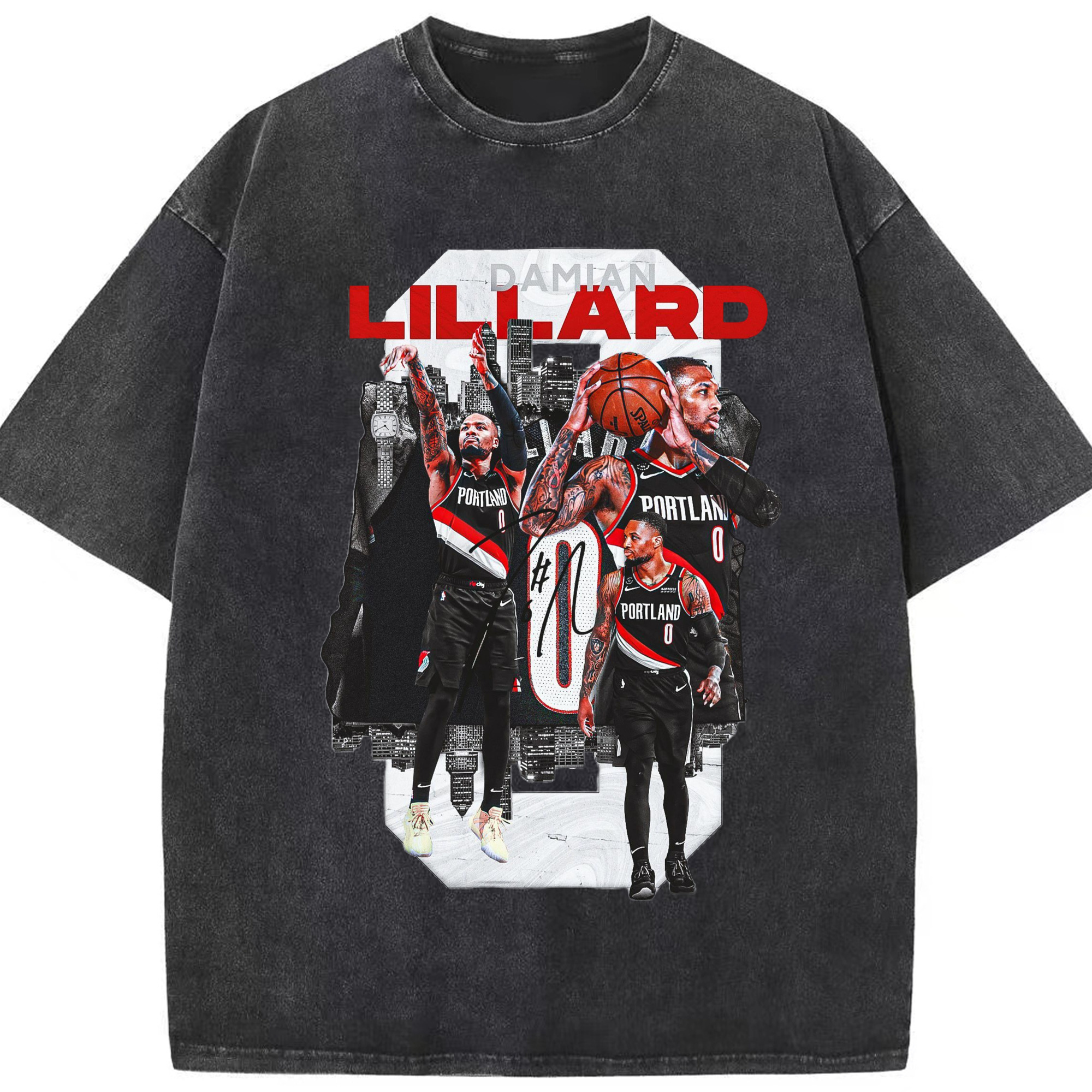 Damian Lillard Collage Graphic T-shirt - Washed Vintage Look 230g Cotton Oversized T-Shirt With Front Heat Transfer Print – Soft, Lightweight, Stylish Fit – Comfortable Casual Wear For Sports & Everyday Use