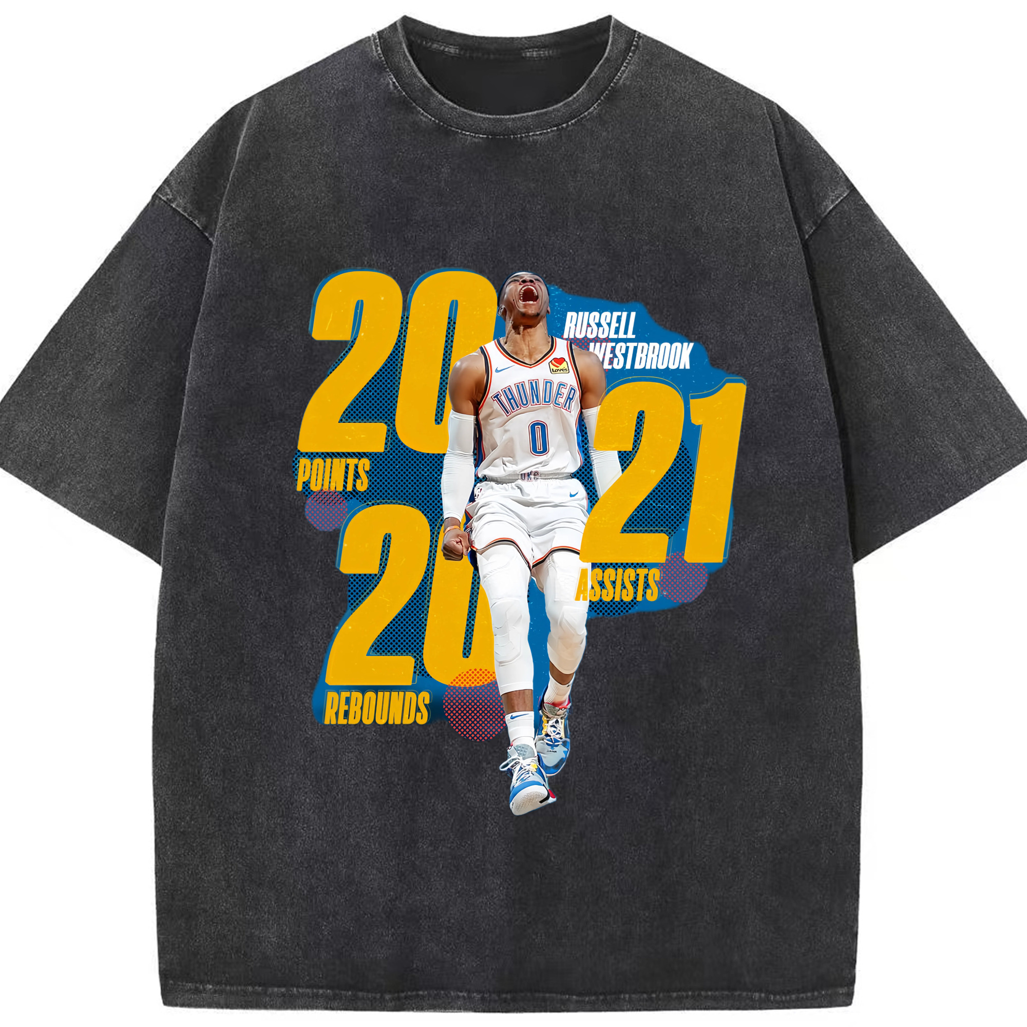 Russell westbrook okc Triple-double t- shirt - Washed Vintage Look 230g Cotton Oversized T-Shirt With Front Heat Transfer Print – Soft, Lightweight, Stylish Fit – Comfortable Casual Wear For Sports & Everyday Use